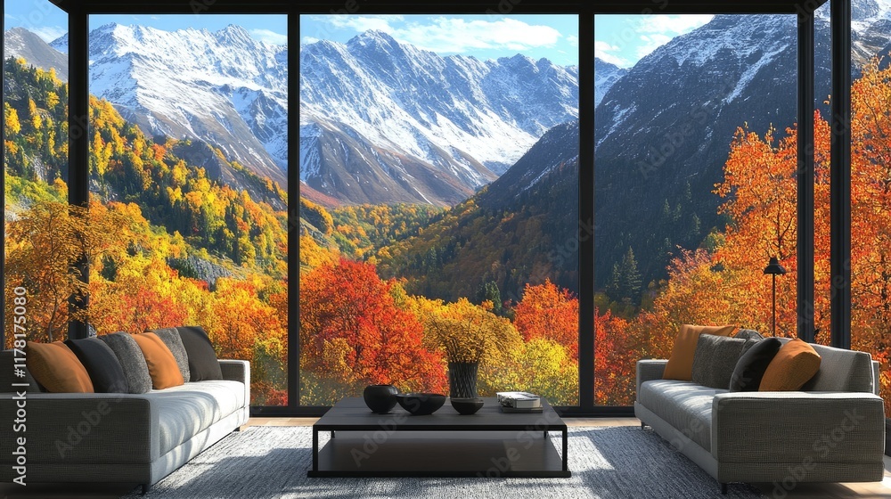 Obraz premium A cozy interior view through a large window showcasing snow-capped mountains and colorful fall foliage.