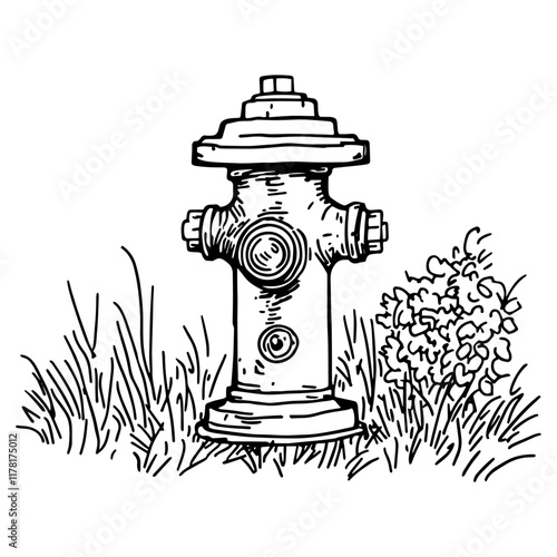 fire hydrant surrounded by grass in black outline style