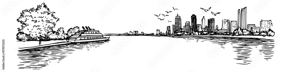 Fototapeta premium river with city skyline and ferry boat, hand drawn sketch