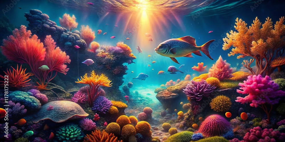 Naklejka premium Surreal Slow-Motion Seabed: Ethereal Underwater World, Vibrant Marine Life