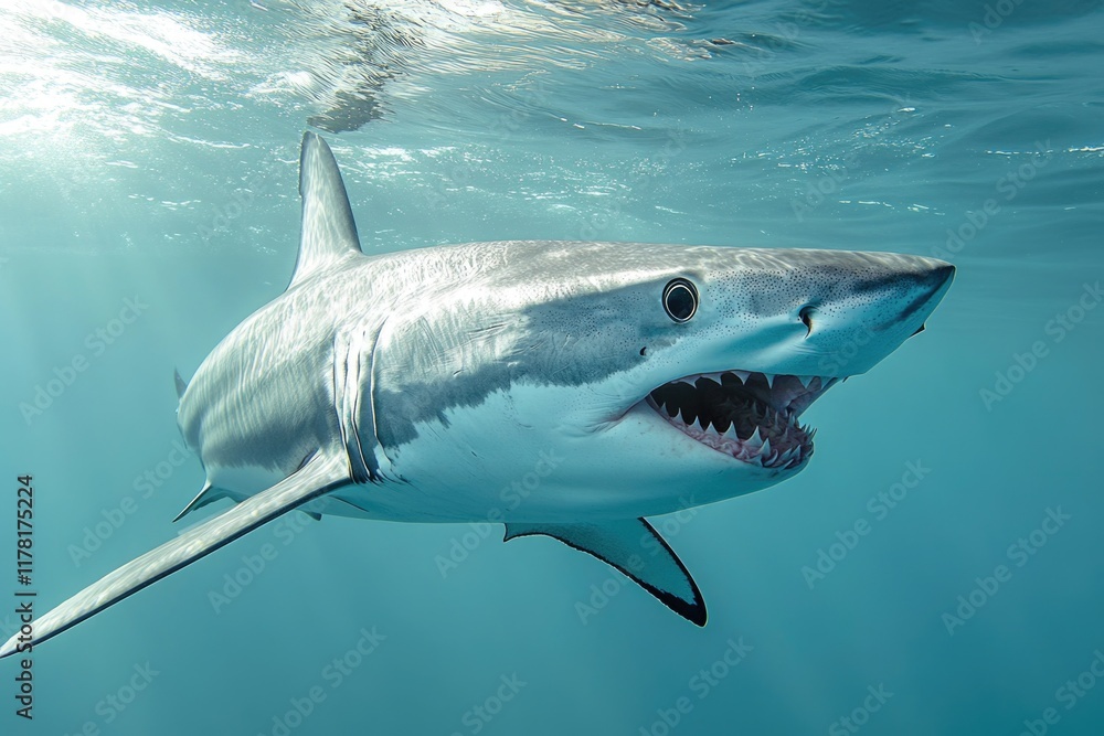 Naklejka premium A great white shark swims through the open ocean waters