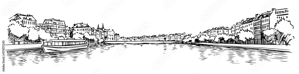 Fototapeta premium city river with buildings and reflections in black sketch