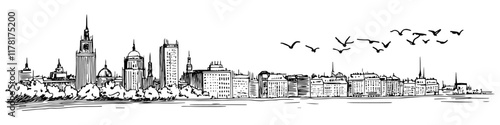city skyline with historic and modern buildings, hand drawn sketch