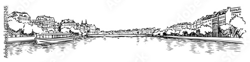 city river with buildings and reflections in black sketch