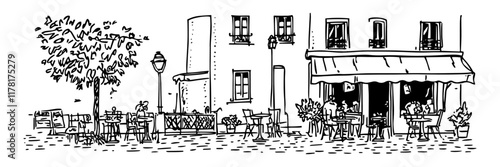 street cafe with tables and tree in black sketch