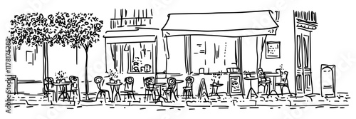 street cafe with tables and people in black outline style