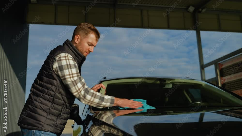 Man Polishing Car Windshield with Microfiber Cloth Man Polishing Car Windshield with Microfiber Cloth