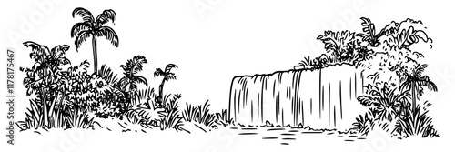 hand drawn tropical waterfall surrounded by lush vegetation