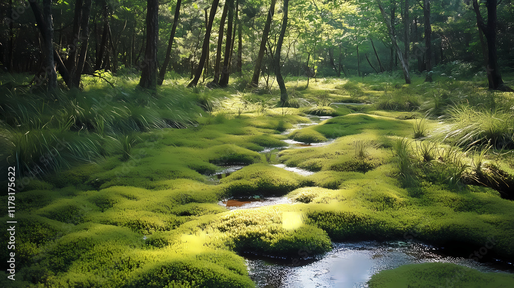 Fototapeta premium A serene spring morning in a secluded glade with a carpet of soft moss, gentle, calm. Evergold. Illustration