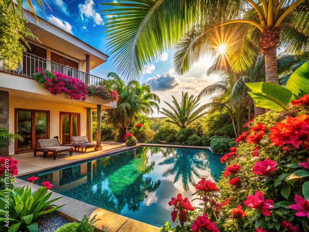 Fototapeta premium Surreal Summer Villa Vacation: Close-up Flowers & Palm Leaves