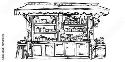street vendor stall with products on display, black hand-drawn illustration