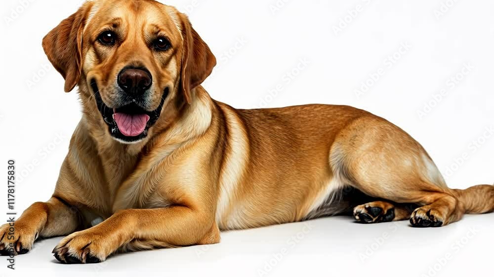Happy golden retriever lying on a clean surface with a joyful expression in a bright setting Happy golden retriever lying on a clean surface with a joyful expression in a bright setting