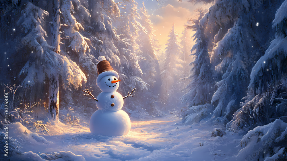 Fototapeta premium A snowman in a snowy forest glade. Evergold. Illustration