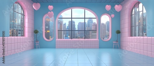 Pastel room with city view, ideal for romantic or product displays