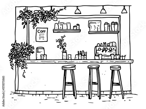 coffee shop interior with bar stools and shelves, black hand-drawn illustration
