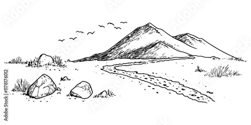 rocky desert path with mountains and flying birds, black hand-drawn illustration