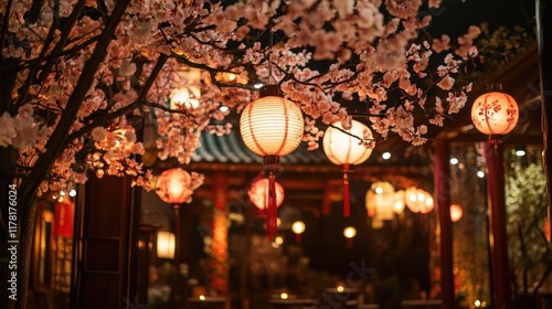 Wallpaper Mural A decorative setup featuring peach blossoms and hanging Chinese New Year ornaments. Torontodigital.ca