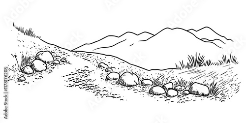 rocky hillside trail with distant mountain view, black hand-drawn illustration