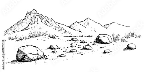 mountain landscape with rocks and plants in black sketch