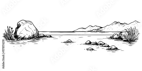 lake with rocky shore and distant mountains, black hand-drawn illustration