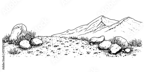 rocky mountain path with distant peaks, black hand-drawn illustration