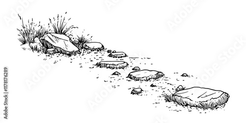 stone stepping path with grass, black hand-drawn illustration