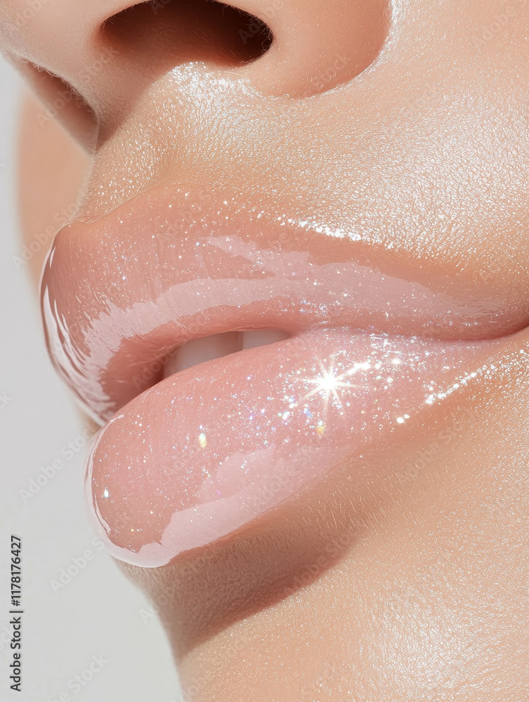 Fototapeta premium Close-up of glossy lips with subtle sparkle, natural nude tones, and radiant finish