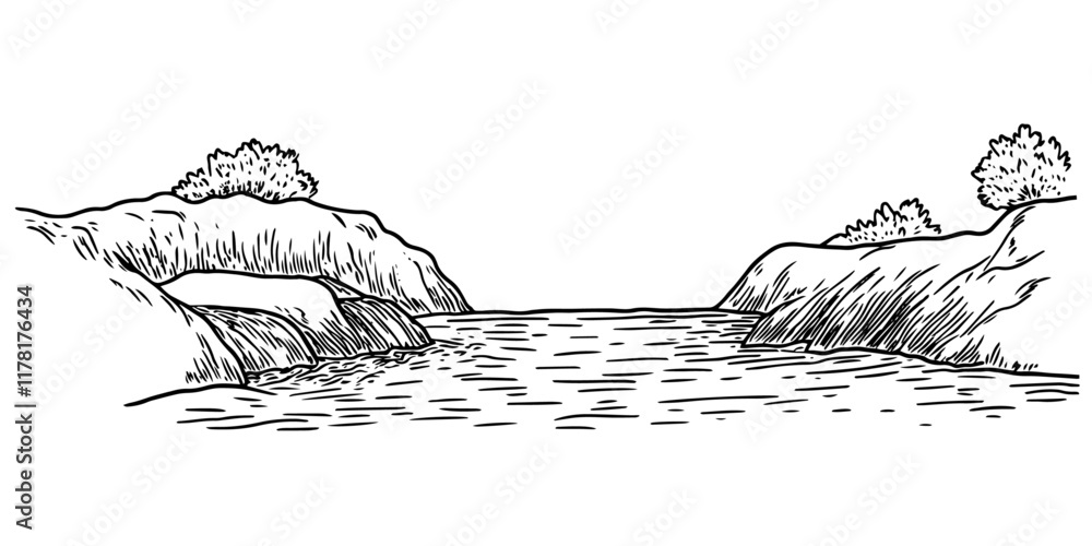 Naklejka premium river flowing through cliffs with trees on top, hand drawn sketch