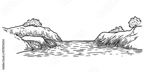 river flowing through cliffs with trees on top, hand drawn sketch