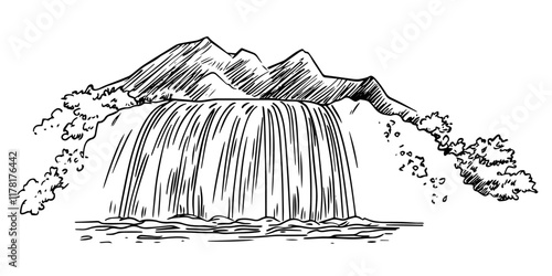 mountain waterfall with flowing water, black hand-drawn illustration
