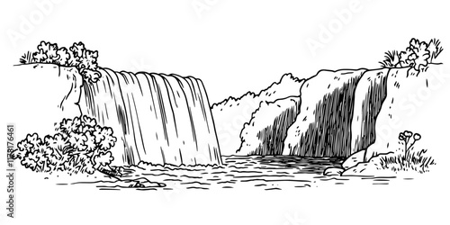natural waterfall cascading over rocks in hand-drawn sketch