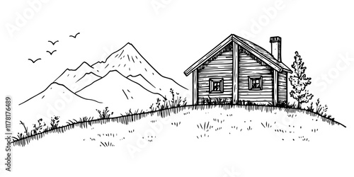 mountain cabin on a grassy hill with flying birds, black hand-drawn illustration