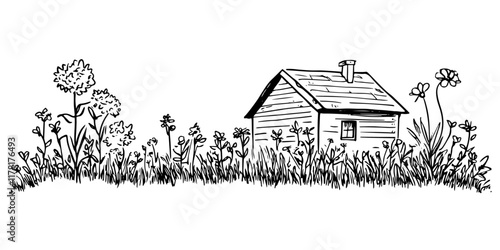 countryside house surrounded by wildflowers, black and white hand-drawn illustration