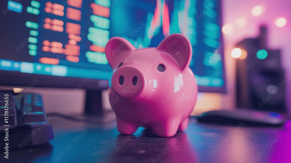 Cute Pink Piggy Bank with Stock Market Display Cute Pink Piggy Bank with Stock Market Display