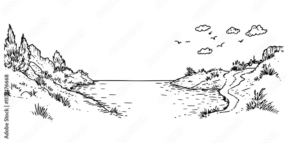 Fototapeta premium lake landscape illustration with trees, path, and hills in vintage sketch style