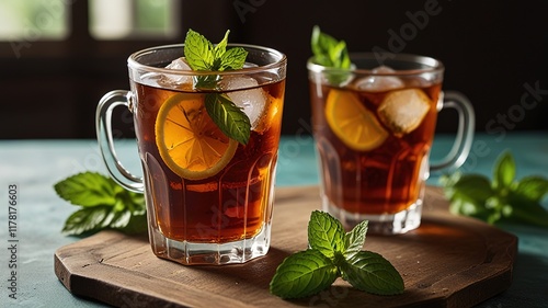 Traditional iced tea with lemon and mint