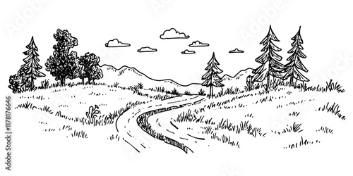 scenic countryside path with trees and hills, black hand-drawn illustration