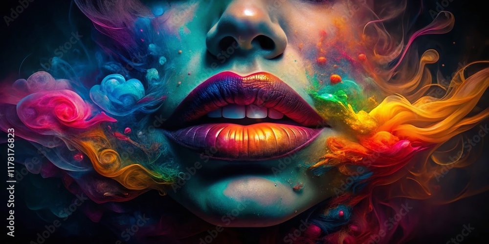 Naklejka premium Surreal Vibrant Colorful Smoke Lips Abstract Watercolor Low Light Art