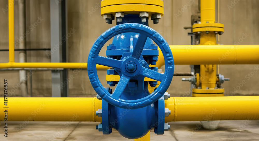 Blue valve handle on yellow industrial piping system Blue valve handle on yellow industrial piping system