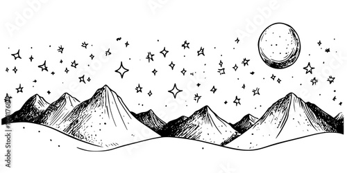 mountain range with moon and stars in night sky, black hand-drawn illustration