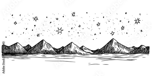 mountain range under a starry night sky, black hand-drawn illustration
