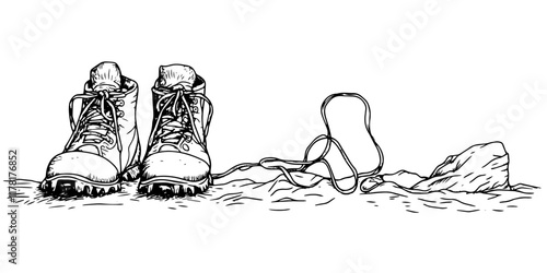 hiking boots with loose laces on rocky ground, black hand-drawn illustration