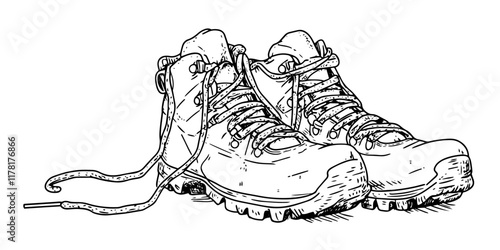 worn hiking boots with untied laces, black hand-drawn illustration