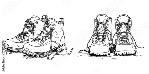 pair of hiking boots with laces, black hand-drawn illustration