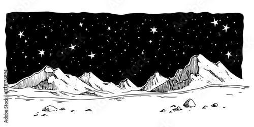 night mountain landscape with starry sky, black hand-drawn illustration