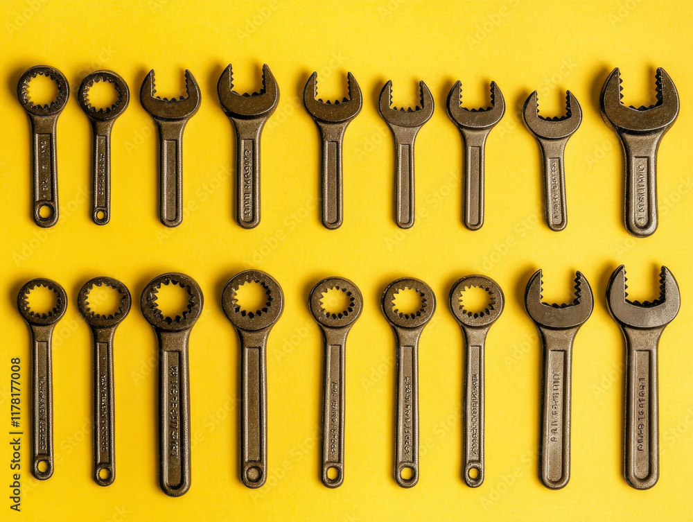 Flat lay of metallic wrenches arranged in pattern on vibrant yellow background, minimalist industrial design. Flat lay of metallic wrenches arranged in pattern on vibrant yellow background, minimalist industrial design.