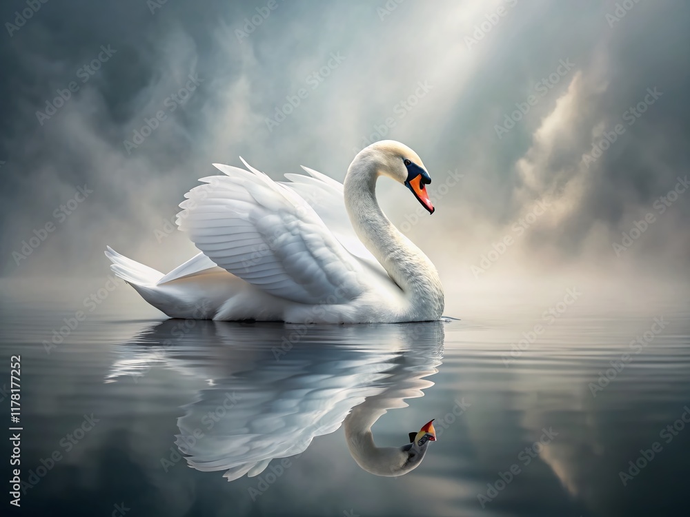 Fototapeta premium Surreal White Swan Floating on Gray Water - Ethereal Bird Photography