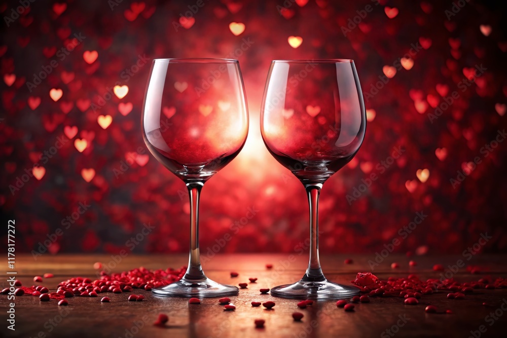 Surreal Wine Glasses & Hearts: Monochromatic Red Romantic Still Life Stock Photo Surreal Wine Glasses & Hearts: Monochromatic Red Romantic Still Life Stock Photo