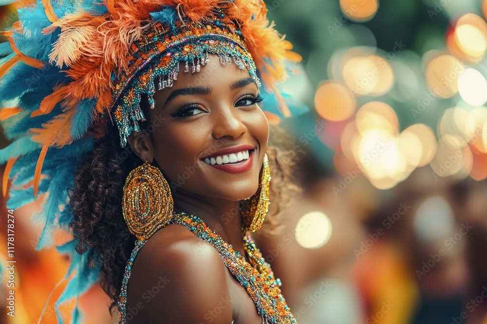 Vibrant Brazilian carnival celebration with joyful dancer in colorful feathered costume and sparkling jewelry Vibrant Brazilian carnival celebration with joyful dancer in colorful feathered costume and sparkling jewelry