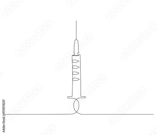 One continuous line drawing of syringe. Single line of syringe vector illustration